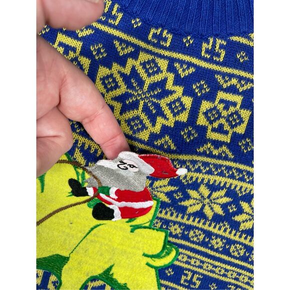 Mens Ugly Christmas Sweater L Blue Yellow Santa Dinosaur Knit Funny Holiday - Picture 4 of 9